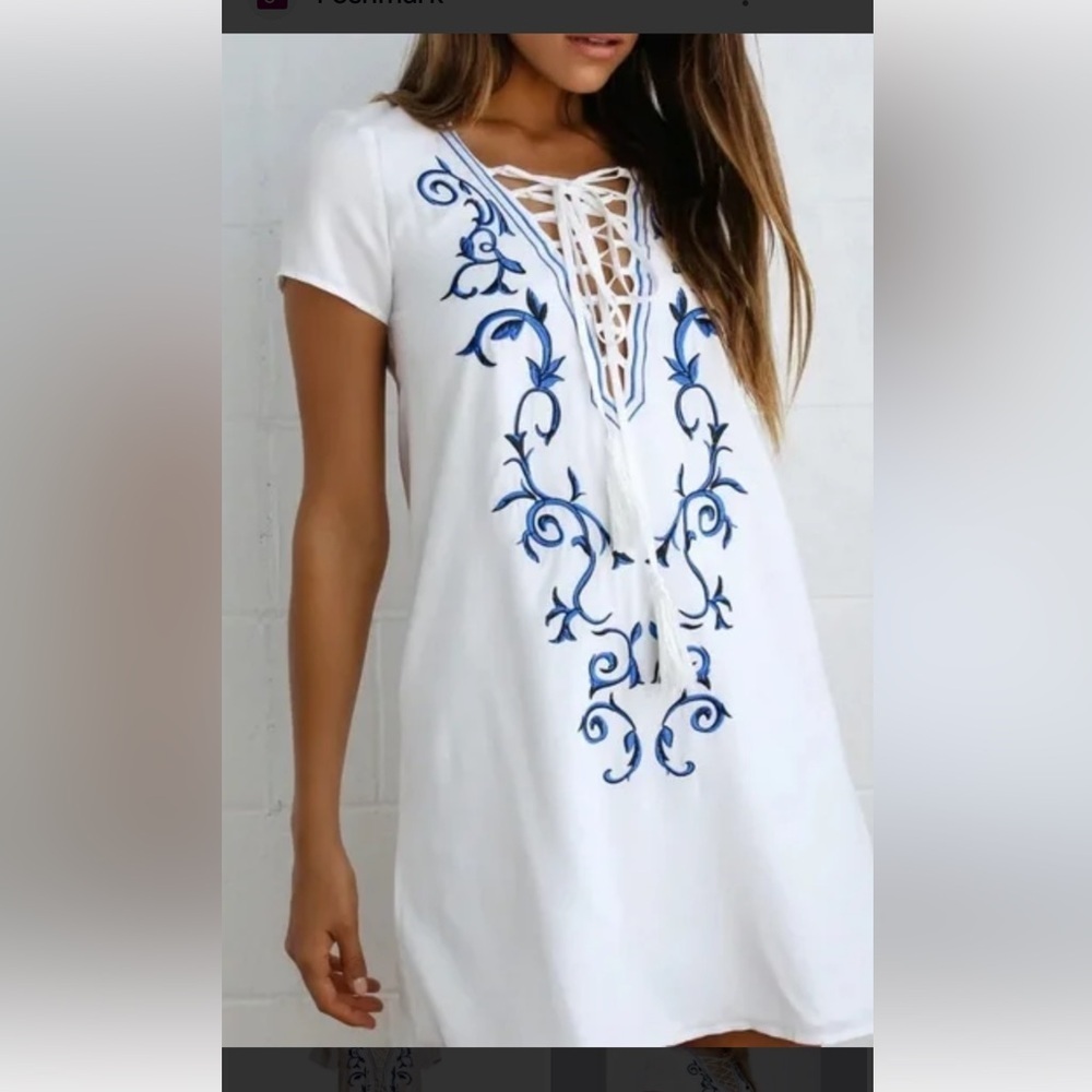 Lulu's White Dress with Blue Embroidery